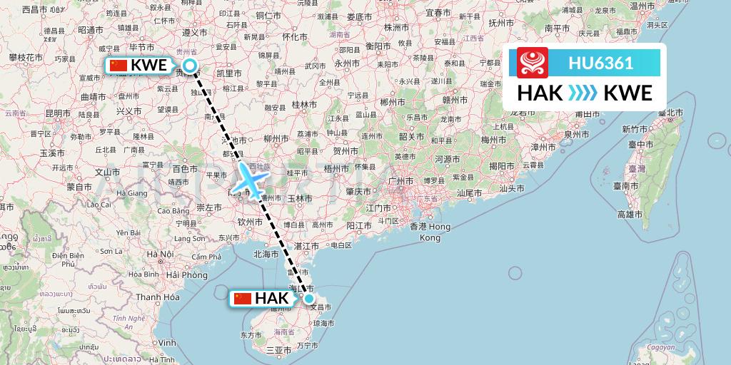 HU6361 Hainan Airlines Flight Map: Haikou to Guiyang