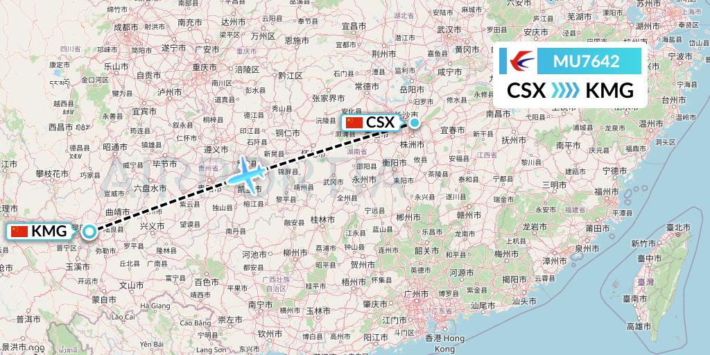 MU7642 China Eastern Airlines Flight Map: Changsha to Kunming