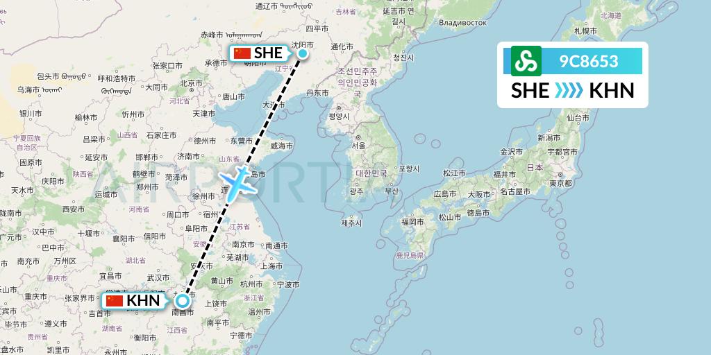 9C8653 Spring Airlines Flight Map: Shenyang to Nanchang