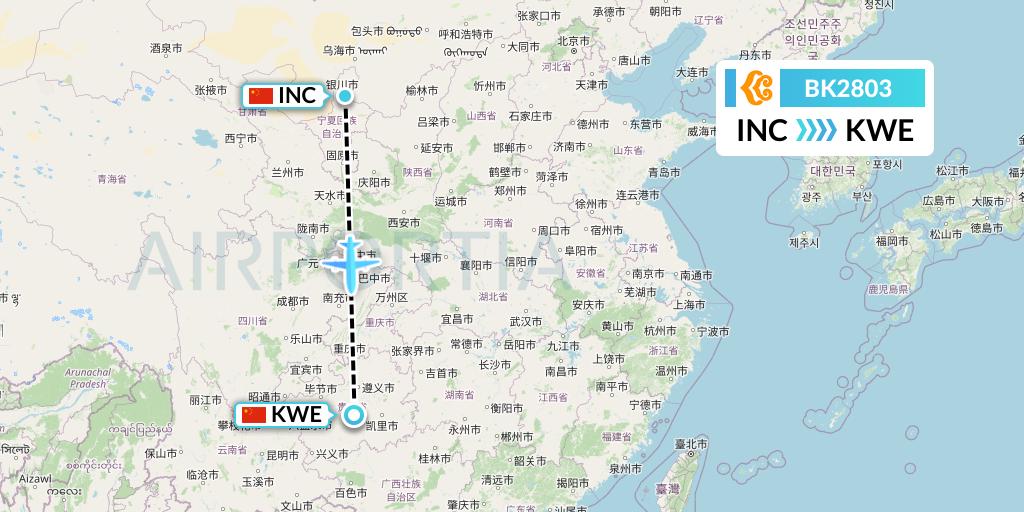 BK2803 Okay Airways Flight Map: Yinchuan to Guiyang