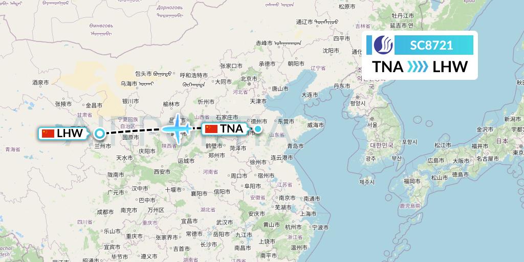 SC8721 Shandong Airlines Flight Map: Jinan to Lanzhou