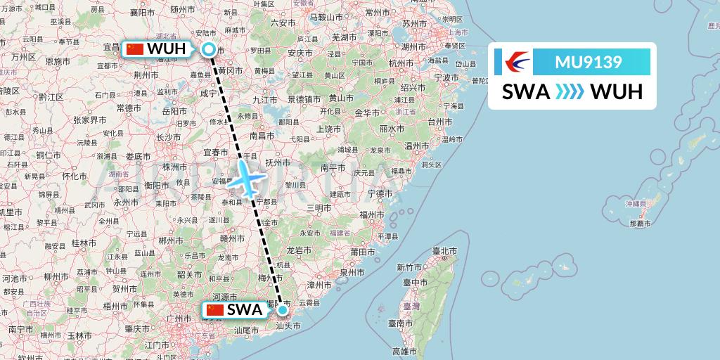 MU9139 China Eastern Airlines Flight Map: Jieyang to Wuhan