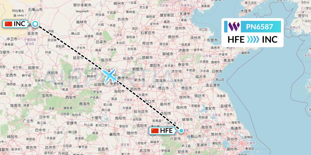 PN6587 China West Air Flight Map: Hefei to Yinchuan