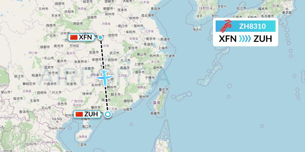 ZH8310 Shenzhen Airlines Flight Map: Xiangyang to Zhuhai