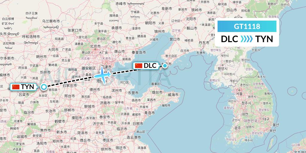 GT1118 Air Guilin Flight Map: Dalian to Taiyuan