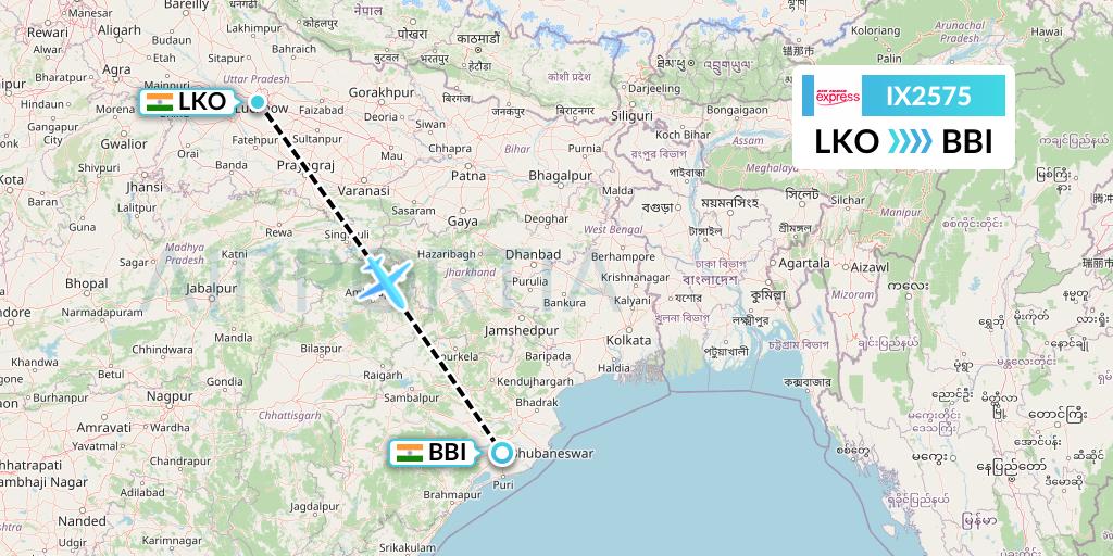 IX2575 Air India Express Flight Map: Lucknow to Bhubaneswar