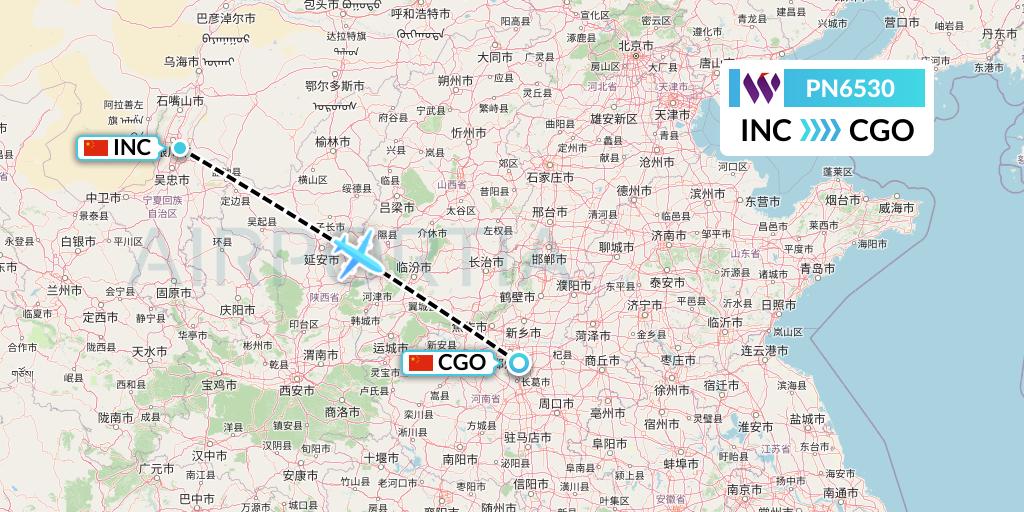 PN6530 China West Air Flight Map: Yinchuan to Zhengzhou