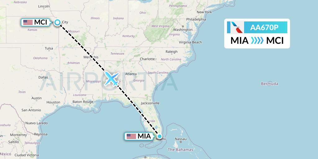 AA670P American Airlines Flight Map: Miami to Kansas City