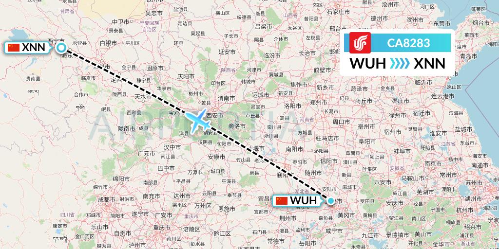 CA8283 Air China Flight Map: Wuhan to Xining
