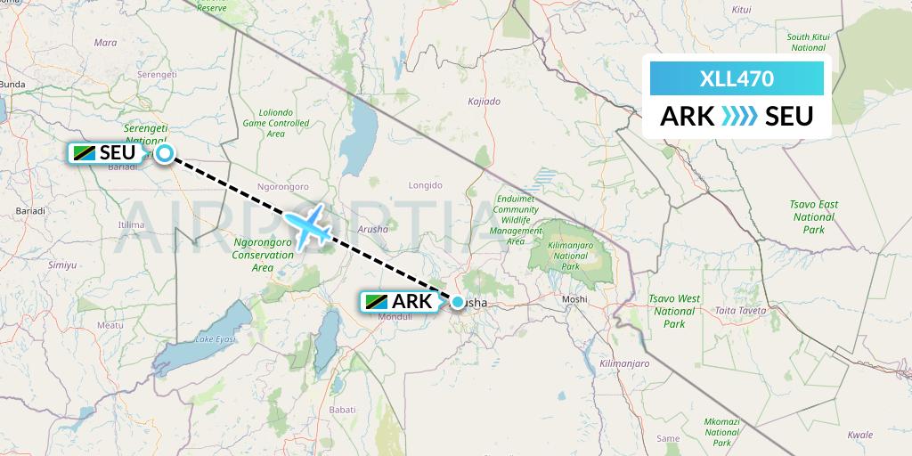 XLL470 Air Excel Flight Map: Arusha to Seronera
