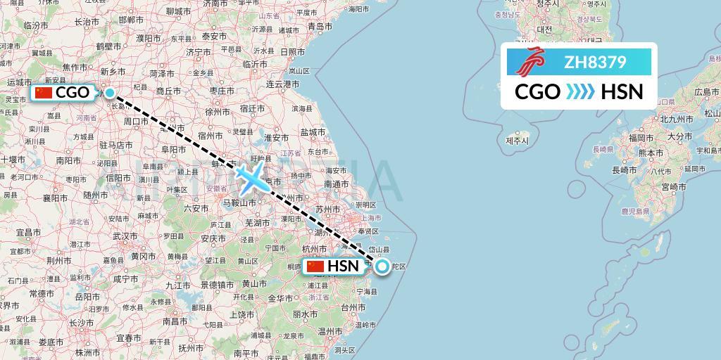 ZH8379 Shenzhen Airlines Flight Map: Zhengzhou to Zhoushan