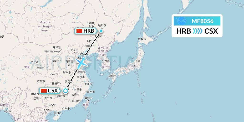 MF8056 Xiamen Airlines Flight Map: Harbin to Changsha