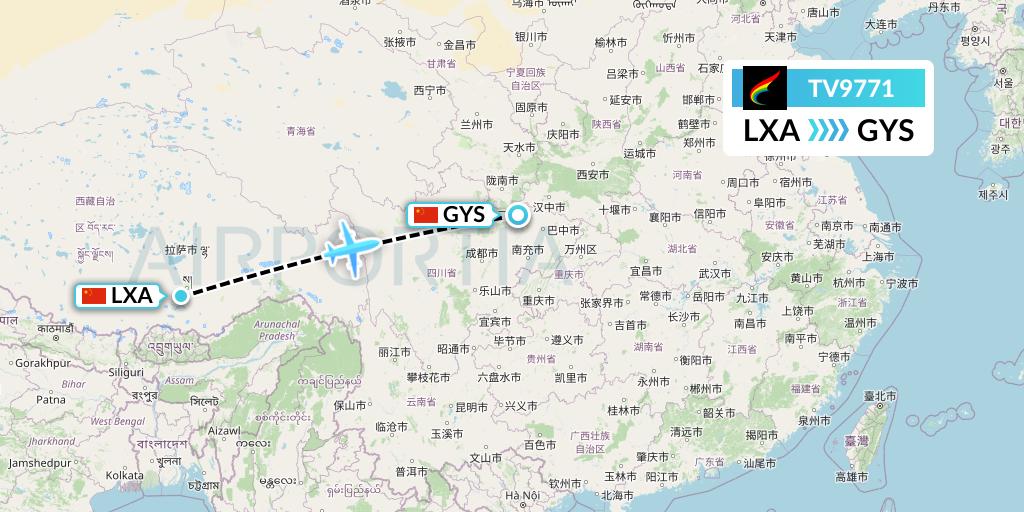 TV9771 Tibet Airlines Flight Map: Lhasa to Guangyuan