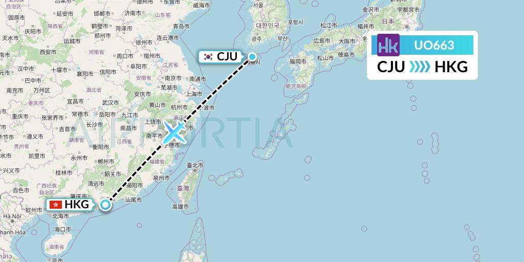 UO663 Hong Kong Express Flight Map: Jeju to Hong Kong