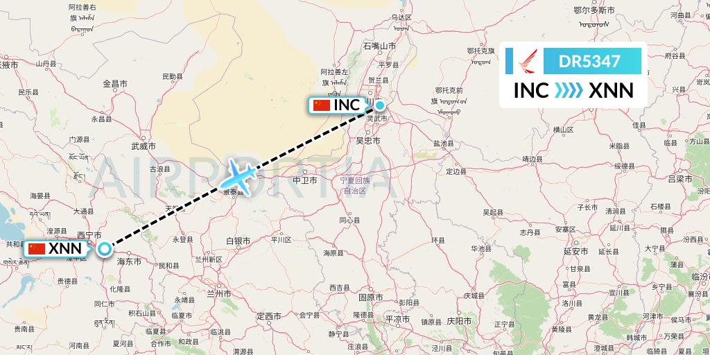DR5347 Ruili Airlines Flight Map: Yinchuan to Xining