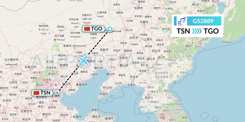 G52889 China Express Airlines Flight Map: Tianjin to Tongliao