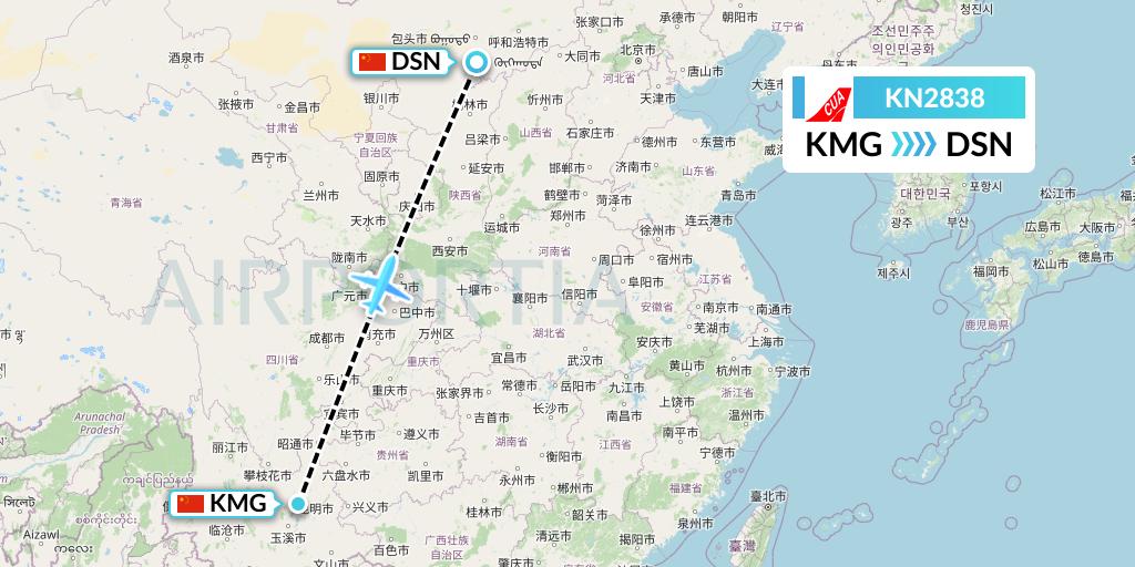 KN2838 China United Airlines Flight Map: Kunming to Dongsheng