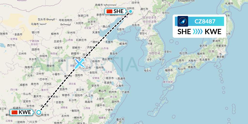 CZ8487 China Southern Airlines Flight Map: Shenyang to Guiyang