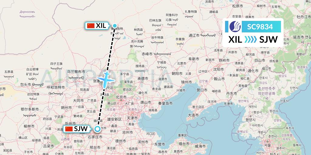 SC9834 Shandong Airlines Flight Map: Xilinhot to Shijiazhuang