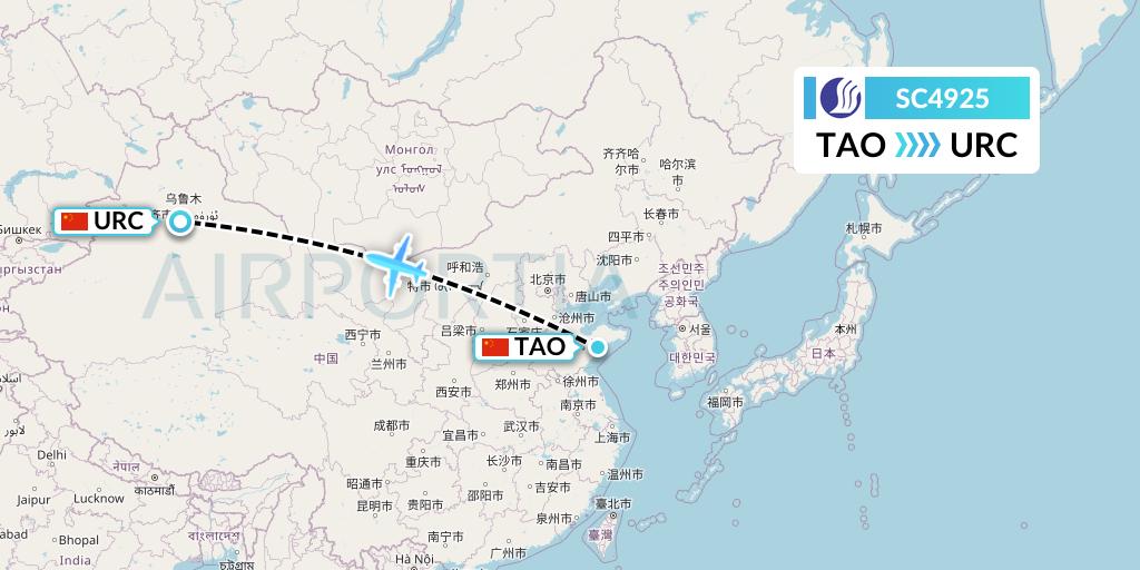 SC4925 Shandong Airlines Flight Map: Qingdao to Urumqi