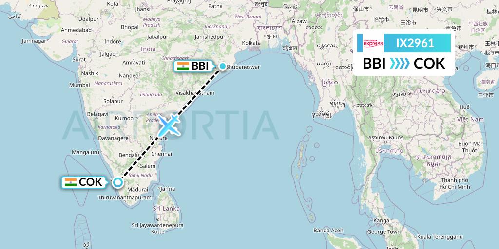IX2961 Air India Express Flight Map: Bhubaneswar to Cochin