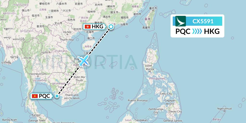 CX5591 Cathay Pacific Flight Map: Phu Quoc to Hong Kong