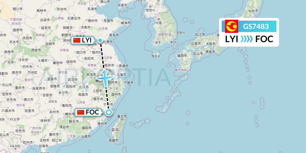 GS7483 Tianjin Airlines Flight Map: Linyi to Fuzhou