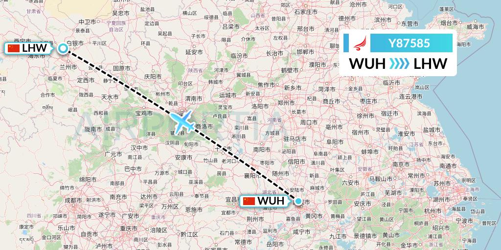 Y87585 Yangtze River Express Flight Map: Wuhan to Lanzhou