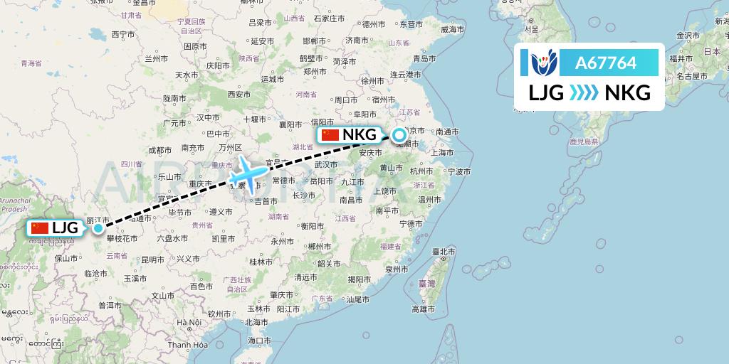A67764 Hongtu Airlines Flight Map: Lijiang to Nanjing