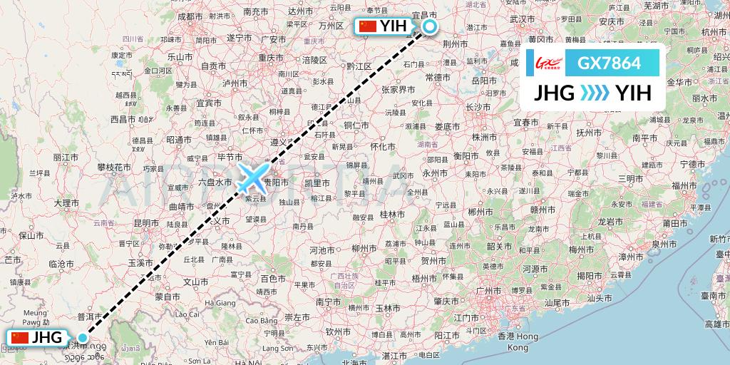 GX7864 GX Airlines Flight Map: Jinghong to Yichang