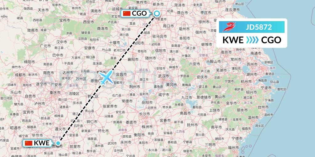 JD5872 Capital Airlines Flight Map: Guiyang to Zhengzhou