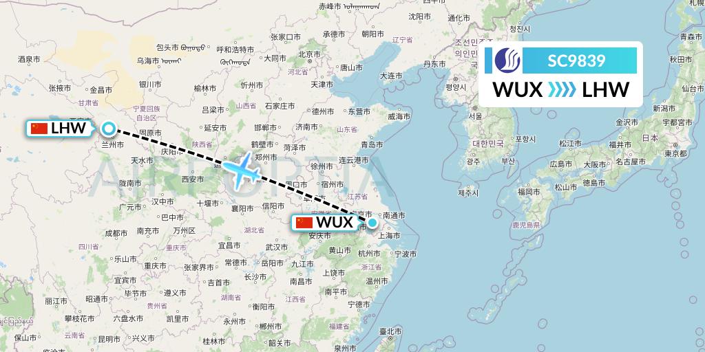 SC9839 Shandong Airlines Flight Map: Wuxi to Lanzhou