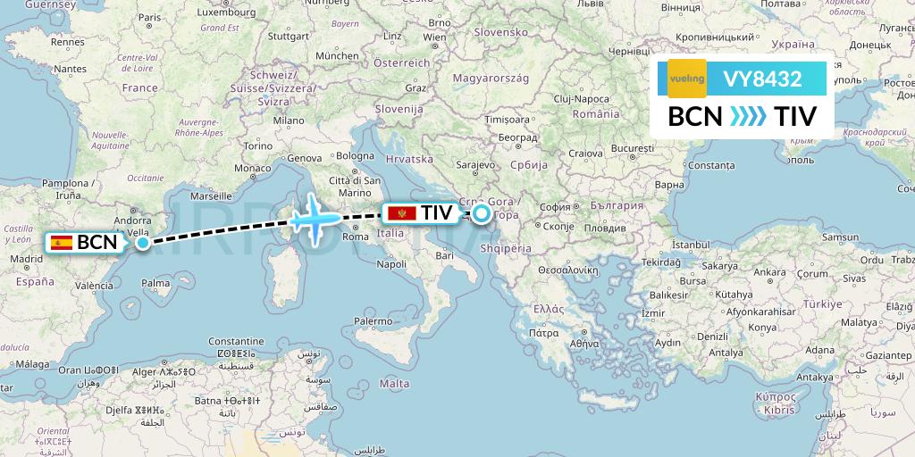 VY8432 Vueling Flight Map: Barcelona to Tivat