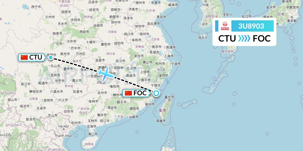 3U8903 Sichuan Airlines Flight Map: Chengdu to Fuzhou