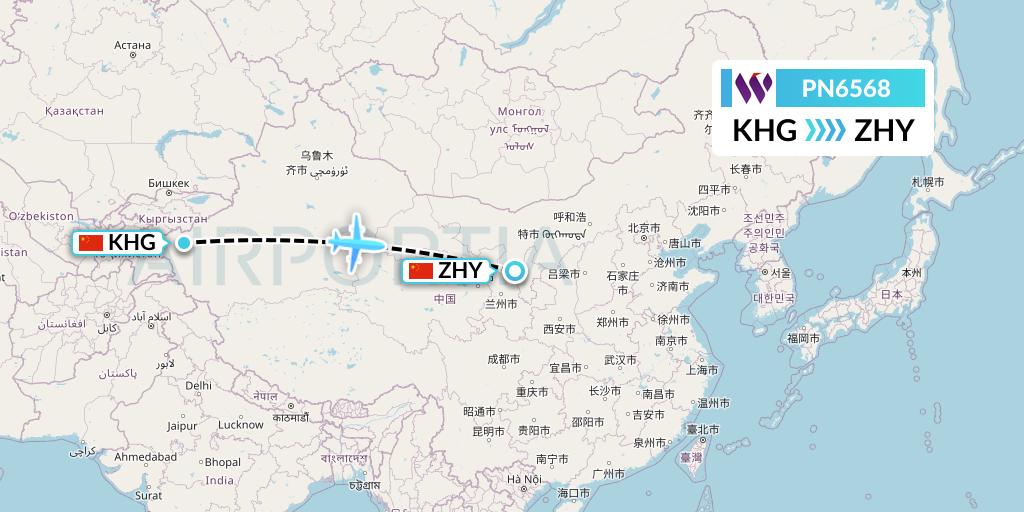 PN6568 China West Air Flight Map: Kashgar to Zhongwei
