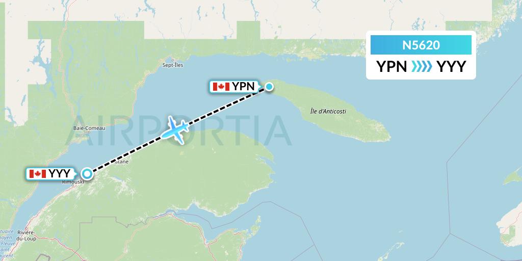 N5620 Nolinor Aviation Flight Map: Port-Menier to Mont-Joli