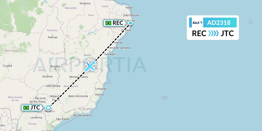 AD2318 Azul Brazilian Airlines Flight Map: Recife to Bauru
