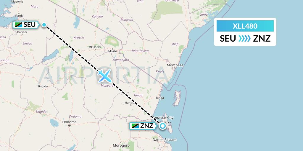 XLL480 Air Excel Flight Map: Seronera to Zanzibar