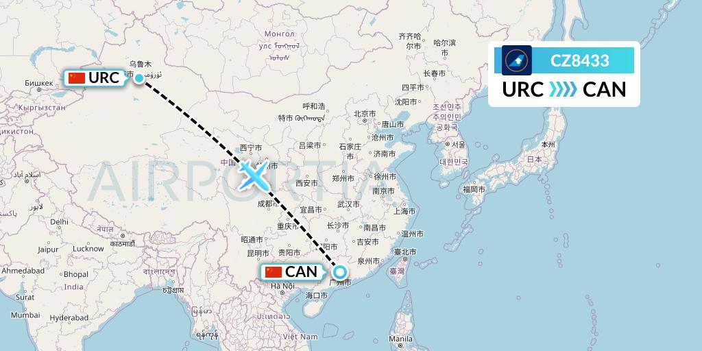 CZ8433 China Southern Airlines Flight Map: Urumqi to Guangzhou