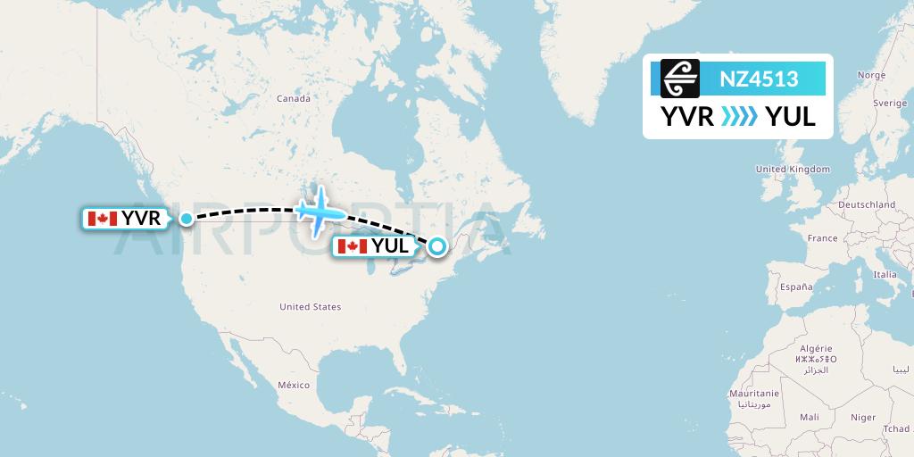 NZ4513 Air New Zealand Flight Map: Vancouver to Montreal