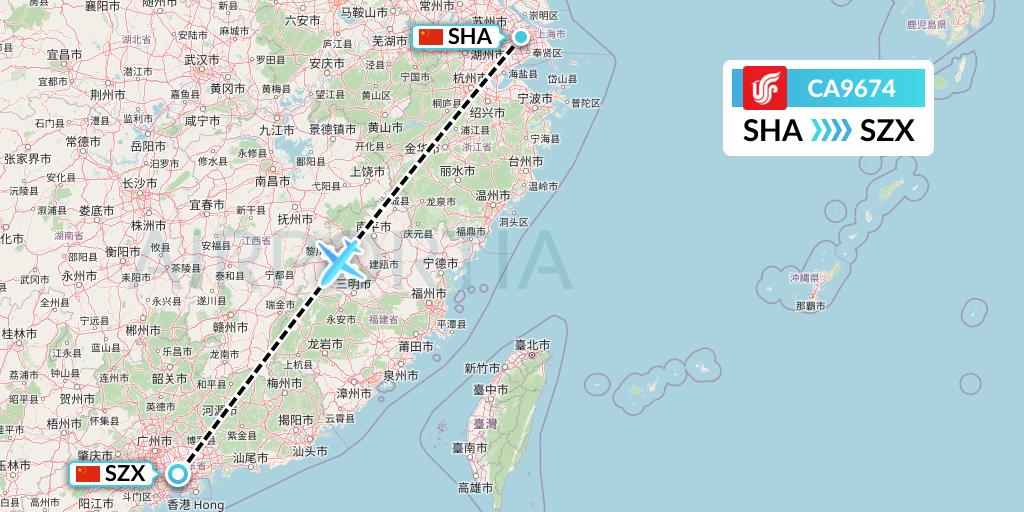 CA9674 Air China Flight Map: Shanghai to Shenzhen