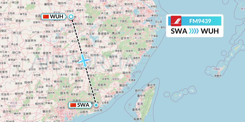 FM9439 Shanghai Airlines Flight Map: Jieyang to Wuhan