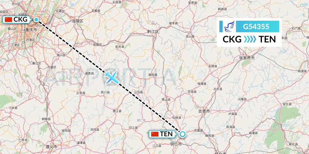 G54355 China Express Airlines Flight Map: Chongqing to Tongren