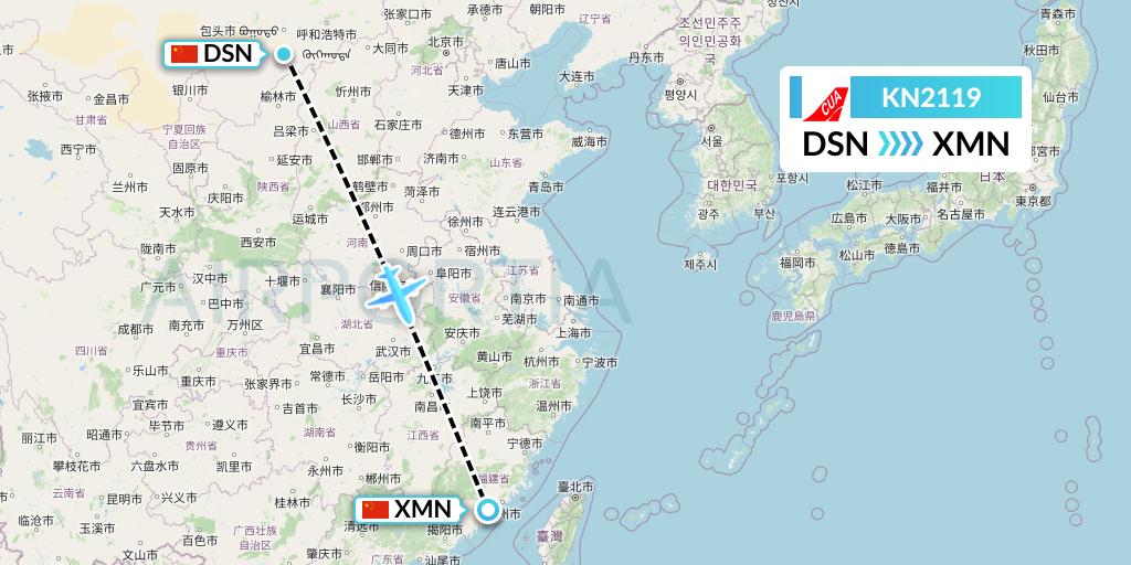 KN2119 China United Airlines Flight Map: Dongsheng to Xiamen