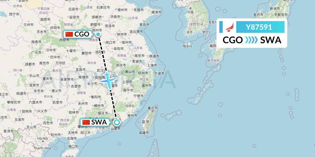 Y87591 Yangtze River Express Flight Map: Zhengzhou to Jieyang