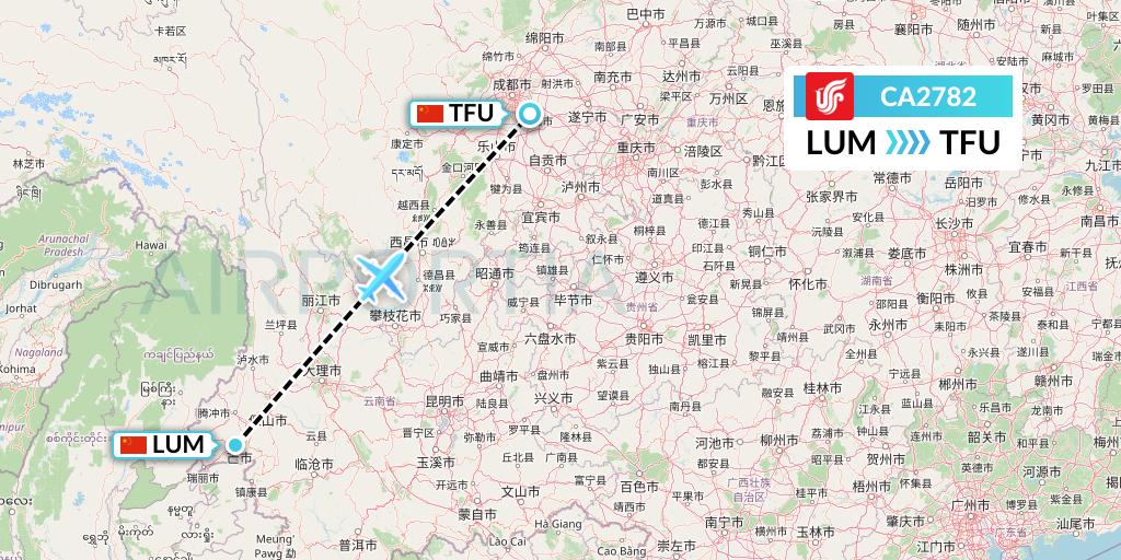 CA2782 Air China Flight Map: Mangshi to Chengdu