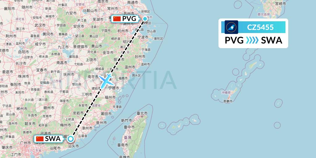 CZ5455 China Southern Airlines Flight Map: Shanghai to Jieyang