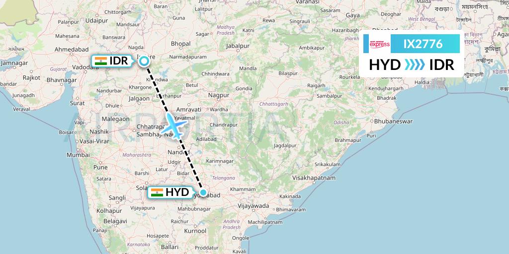 IX2776 Air India Express Flight Map: Hyderabad to Indore