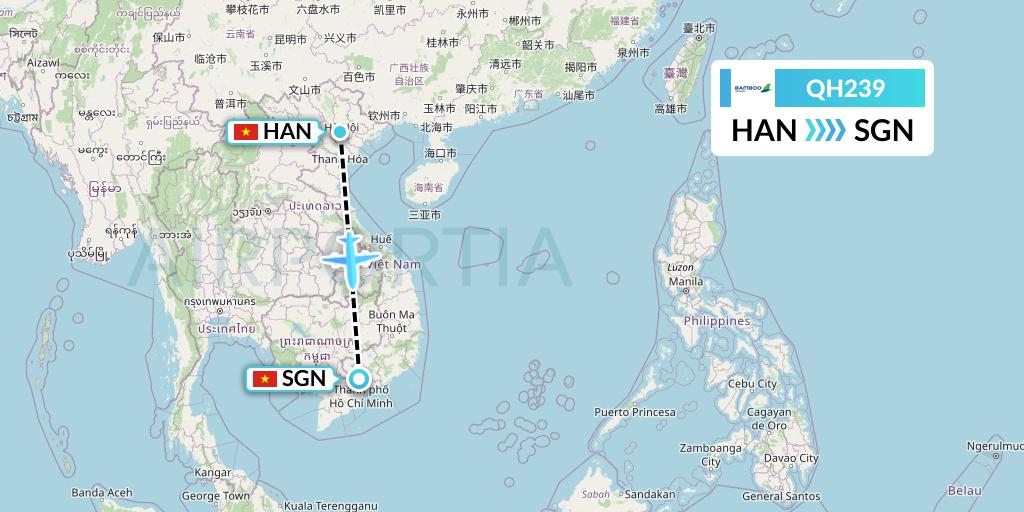 QH239 Bamboo Airways Flight Map: Hanoi to Ho Chi Minh City