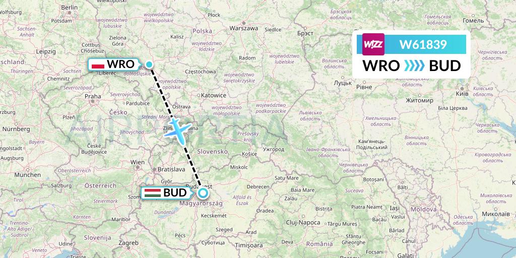 W61839 Wizz Air Flight Map: Wroclaw to Budapest